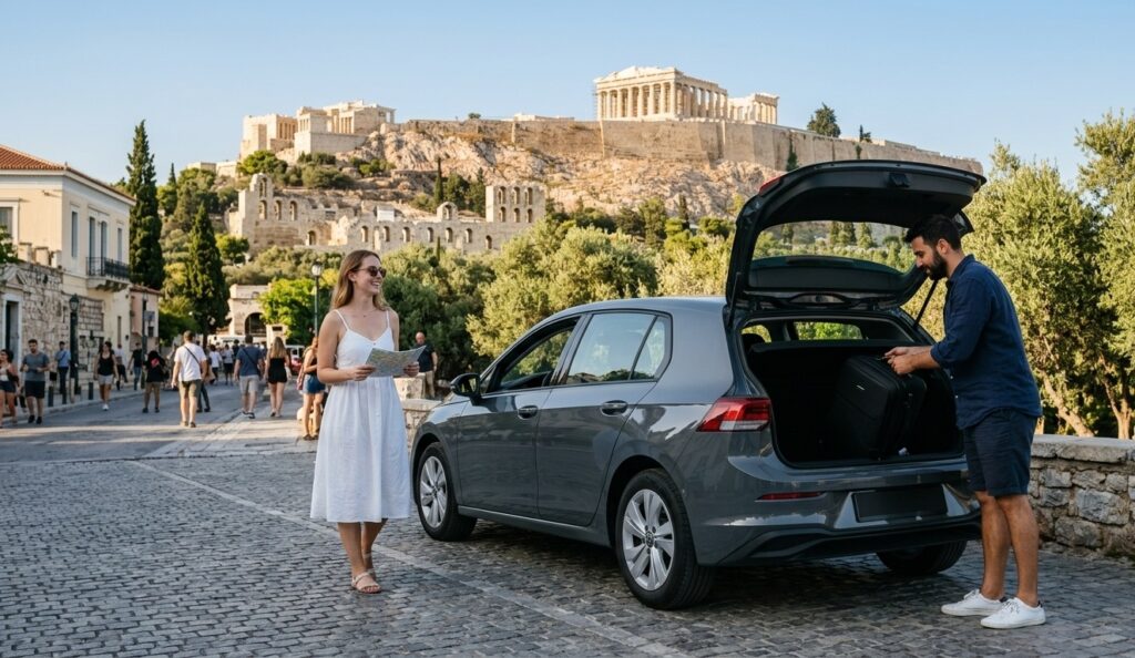 ζευγαρι με ενοικιασμενο αυτοκινητ στην Αθηνα και θέα την ακρόπολη